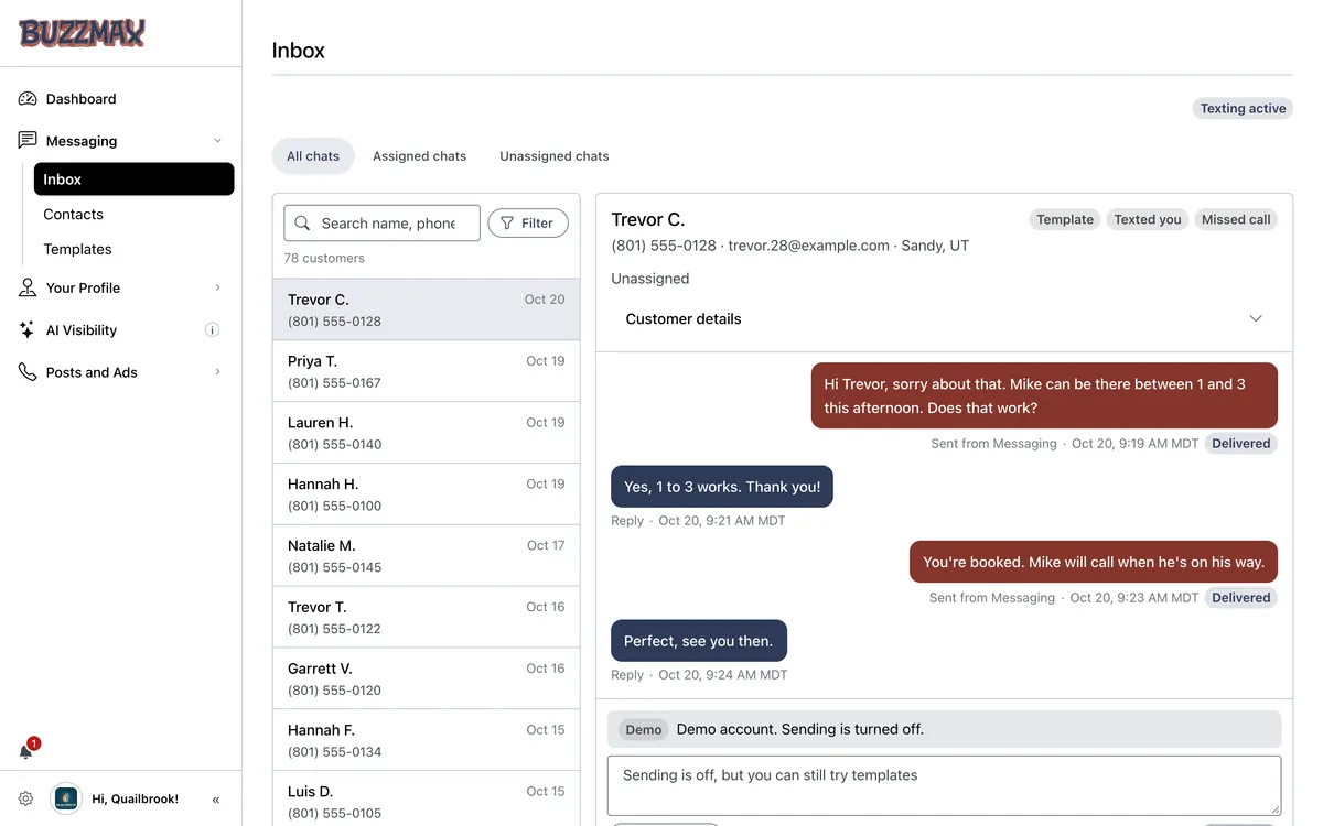Buzzmax Inbox for a demo account: the customer list beside a conversation with one customer, where the office offers a one to three window, the customer confirms, and the booking is acknowledged by text.