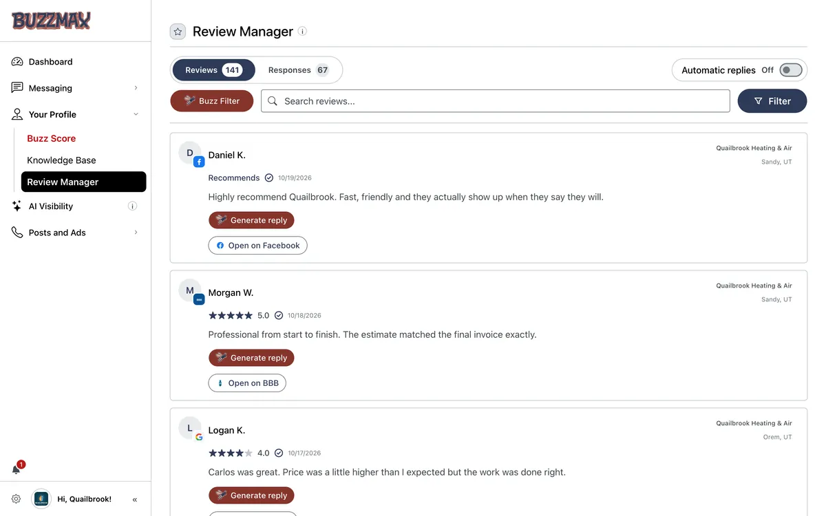Buzzmax Review Manager for a demo account: the Reviews tab with 141 reviews from Facebook, BBB and Google, each with a Generate reply button and a link to open it on its platform.