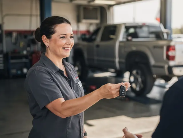 A service advisor handing keys back to a customer in a dealership service lane.
