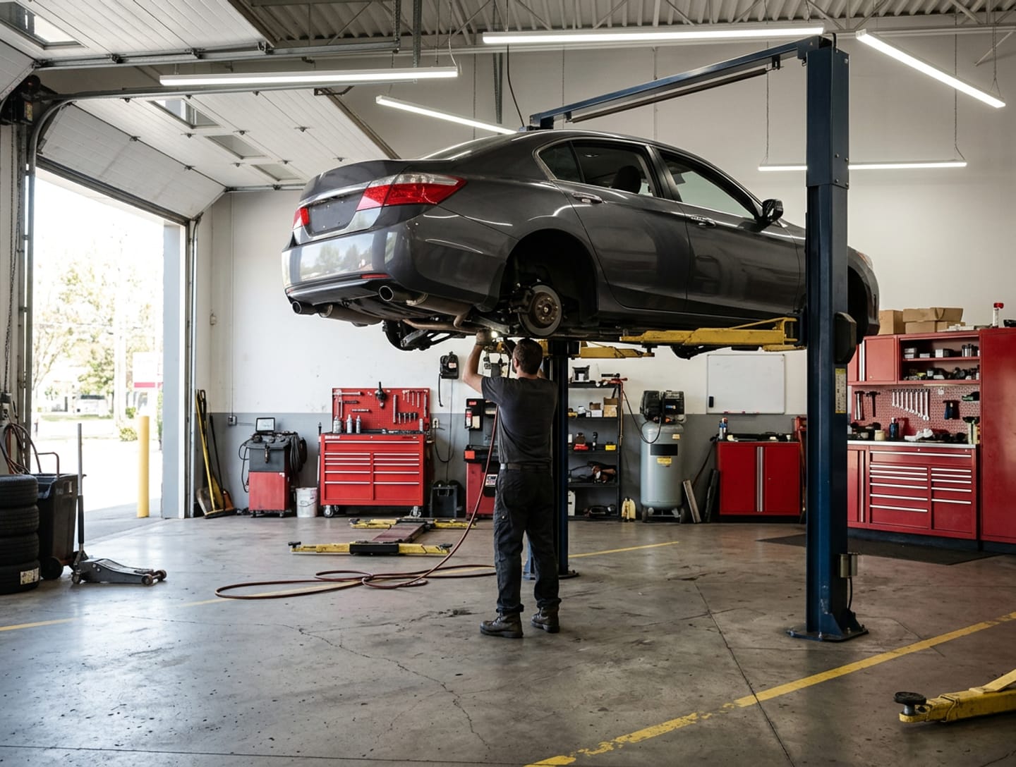 A car raised on a lift inside an independent repair shop, with a mechanic working underneath.