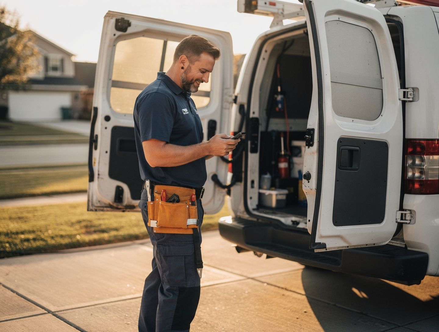 A plumbing technician checking his phone beside an open service van in a driveway.
